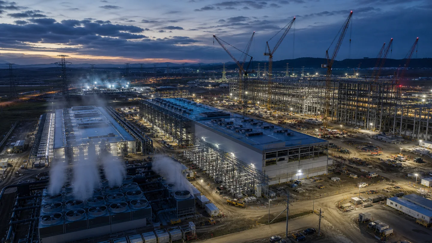 三座处于不同建设阶段的计算园区沿同一能源走廊展开